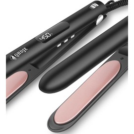 QHDJE Flat Iron Hair Straightener, 15S Fast Heat-up, Fully Wrapped ARC-Shaped Plates, Flat Iron for One Pass to Achieve a Sleek Look, Digital LCD Display & Dual Voltage, Gifts for Women