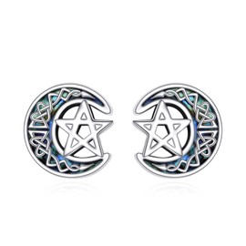 ONEFINITY Pentagram Earrings 925 Sterling Silver Celtic Pentagram Moon Stud Earrings Pentagram Jewellery for Women, Simulated Abalone
