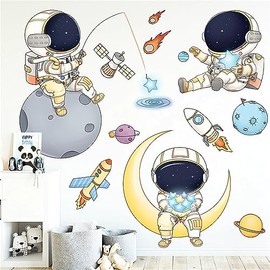 Adhesivos de pared de astronautas del espacio de dibujos animados lindos, sacinora Calcomanía de pared cósmica de cielo estrellado, vinilo removible que se pela y se pega para bebés, niños, guardería