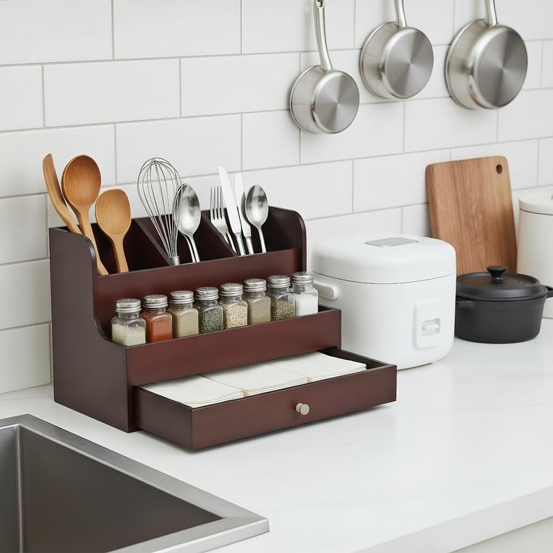 Mynanera Utensil Holder for Kitchen Counter Wooden Utensil Organizer with