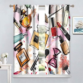 Fashion Blackout Curtains, Cosmetic and Makeup Theme Pattern Perfume Lipstick Nail Polish Brush Room Darkening Rod Pocket Windows Door Curtain for Bedroom Living Room Home Decor 42x45in