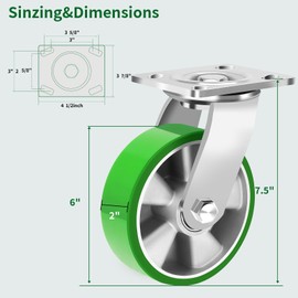 Humagineer 6 Inch Industrial Swivel Casters (2 Pack), Heavy Duty Industrial Grade Caster, Maintenance-Free Aluminum Core PU Wheels 2500 LBS, Durable Casters Wheels for Industrial, Equipment