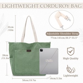 Chase Chic Corduroy Tote Bag for Women,Large Capacity Shoulder Bags with Adjustable Strap,Casual Handbags with Multiple Pockets for Daily Use Work School (Green)