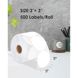 iEager 3 Inch Circle Thermal Sticker Labels, Self-Adhesive Round Direct Thermal Labels, Multi-Purpose Roll Thermal Stickers, 500 Labels, White