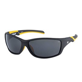 Caterpillar Cat Grader Black Sunglasses, Matte Black Rubberised frame, Black/Yellow temple, Solid Smoke lens, Polarized (CTS-GRADER-104P)
