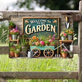 Gardening Signs" Welcome To My Garden" Tin Sign for Greenhouse Backyard Vintage Gardening Gifts for Women Garden Art for Living Room Bedroom Yard Cottage Outdoor Decor, 8x12inch