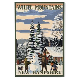 Lantern Press 12x18 Inch Premium Wood Sign, Ready to Hang Wall Decor, White Mountains, New Hampshire, Snowman and Cabin