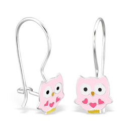 Pink Owl Dangling Earrings - Fish Hook Clasp - 925 Sterling Silver