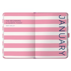 Busy B 2025 Diary Weekly Goals Planner - A5 Pink Stripe with Elastic Band - Week to View Daily Life Organiser - Monthly Overview, Inspirational Quotes & Stickers - Compact 2025 Diary for Productivity
