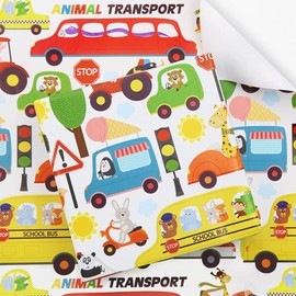 Birthday Wrapping Paper For Kids Girls Boys, Animal Transport Design Gift Wrap Paper for Birthday Baby Shower, Police Car Ambulance School Bus Cute Cartoon Animals 4 Sheets Folded Flat 20x28 Inches Per Sheet