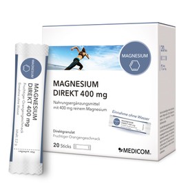 Medicom – Magnesium Direkt 400 mg Sticks, Muskelfunktion, Energiestoffwechsel, Müdigkeit, Direktgranulat Einnahme ohne Wasser, Elektrolytausgleich, Verminderung von Müdigkeit und Ermüdung – 20 Sticks