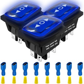 MKBKLLJY 3PCS Momentary Polarity Reverse Switch Waterproof 16A 250V AC/20A 125V AC Control Rocker Toggle Switch Double Reset 6 Pin (ON)-Off-(ON) KCD4 Bule LED Light Illuminated 8PCS Connector