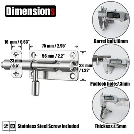 JQK Door Latch Lock Barrel Bolt 4 Inch, 304 Stainless Steel Slide Gate Latches Security Thickened 1.4mm with Padlock Hole, Silver, 2 Pack HBB120-P2