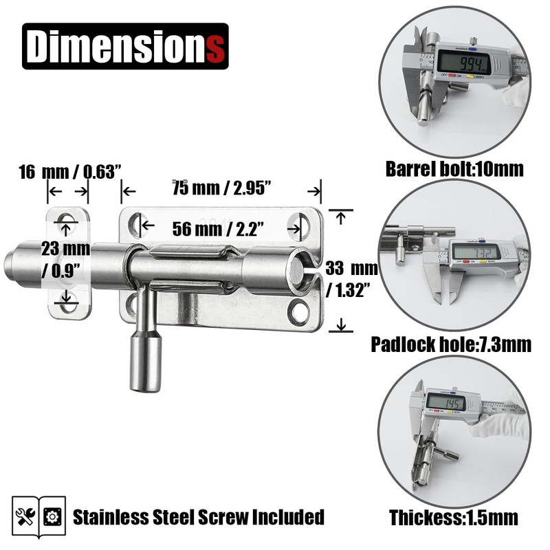 JQK Door Latch Lock Barrel Bolt 4 Inch, 304 Stainless