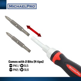 MichaelPro MP002025 7-in-1 Ratcheting Screwdriver & Nut Driver, Multi-Bit, Cushioned Grip, Black/Red