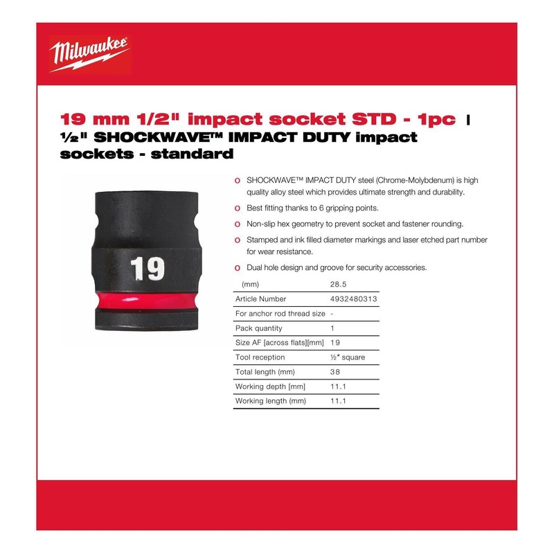 Milwaukee - ½" Shockwave™ Impact Duty Impact Socket - Standard
