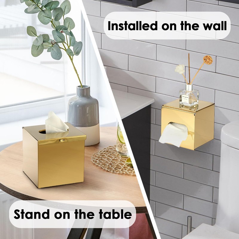 BTSKY Gold Square Tissue Box Cover - Cube Stainless Steel