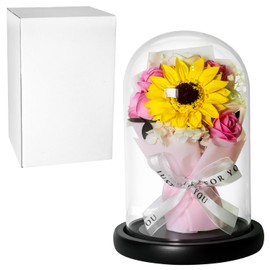 Handmade Sunflower and Rose Bouquet in Glass Dome - Eternal Preserved Flowers with Decorative Ribbon for Birthdays, Anniversaries, and Home Décor JR5222 (Pink)