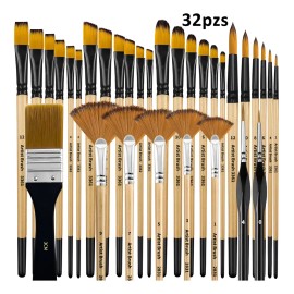32 Kit De Pinceles Dibujo Para Gouache/pinturas Oleo Wooden Color
