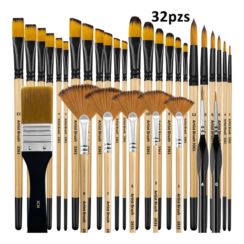 32 Kit De Pinceles Dibujo Para Gouache/pinturas Oleo Wooden Color