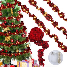 3 Rolls Buffalo Plaid Garland Christmas Tree Garland with Led Lights Buffalo Plaid Christmas Decorations Garland Christmas Garland Ribbon for Crafts Decor, 27 Feet