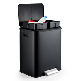 WELYFE 8 Gallon Kitchen Trash Can, Dual Removable Liners for Recycling and Trash, Stainless Steel Shape Dual Trash and Recycling Bin (4 + 4 for 8 Gallon Total), Rectangle, Black