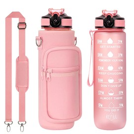 MOYAC Botella Agua con Funda Protectora, Botella de Agua 1 Litros con Pajita, Asa, Correa para el Hombro, Función de Apertura con un Botón, para Fitness, Viajes, Escuela, Oficina (Rosa)