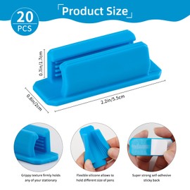 20 Pcs Adhesive Pencil Holders for Desk,Blue Silicone Pen & Marker Clips for Clipboard Attachment, Classroom and Office Desk Accessories, Teacher & Student Supplies