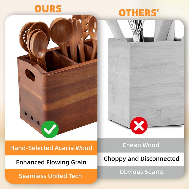 PrimZooty Natural Acacia Wood Utensil Holder for Kitchen Counter (X-Large),