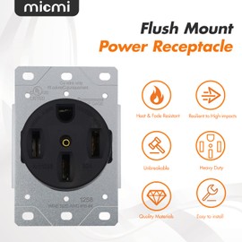 NEMA 14-50R Receptacle 50 Amp Flush Mounting Outlet, 3 Pole, 4 Wire 125/250V, Heavy Duty Commercial Industrial Grade UL Listed, Micmi