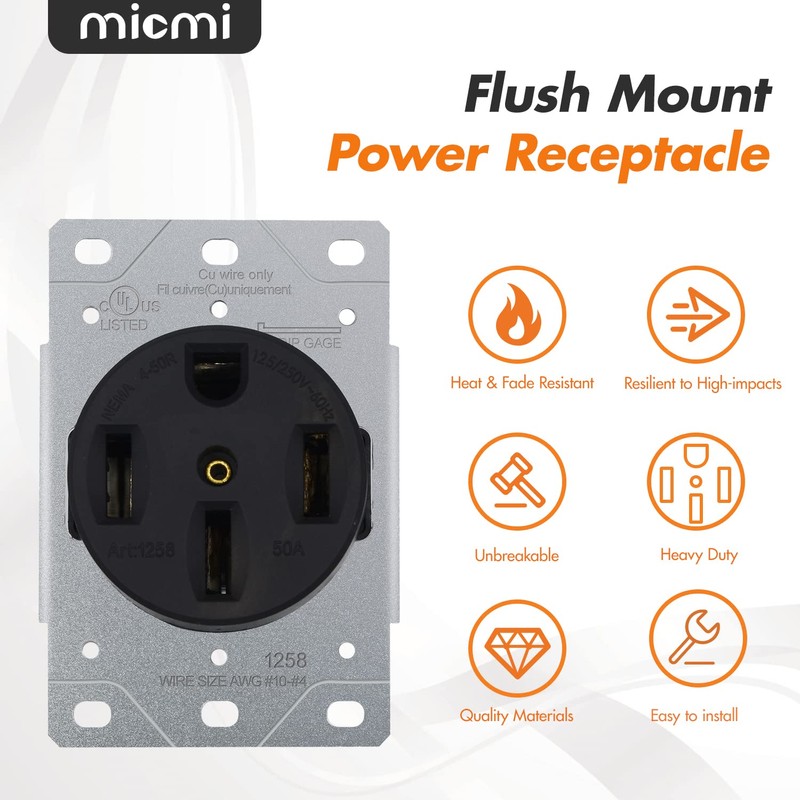 NEMA 14-50R Receptacle 50 Amp Flush Mounting Outlet, 3 Pole,