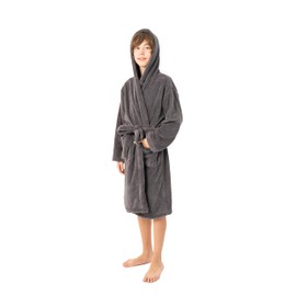 BC BARE COTTON Kids Microfiber Fleece Hooded Robe - Boys - Grey - Medium