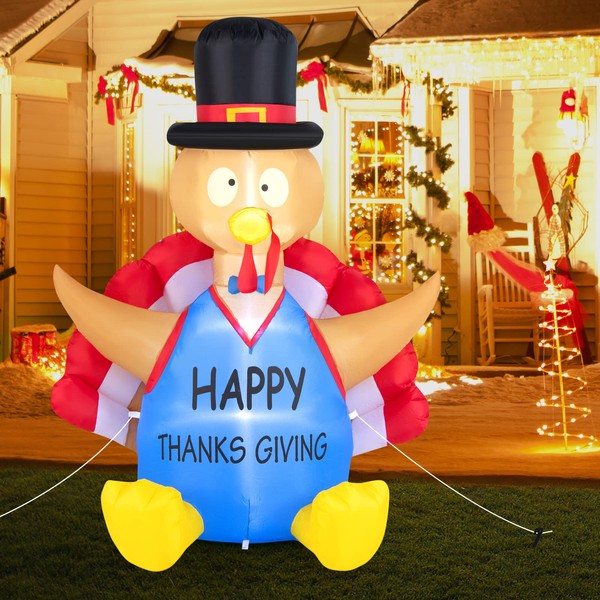 Tangkula 6 FT Thanksgiving Inflatable Turkey, Blow-up Turkey with Pilgrim