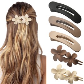 5 Pcs Flat Hair Clips, Medium Lay Flat Claw Clips for Women Girls,2 Styles Strong Hold Non-slip Matte Hair Claws for Thick Thin Hair(Brown&White)