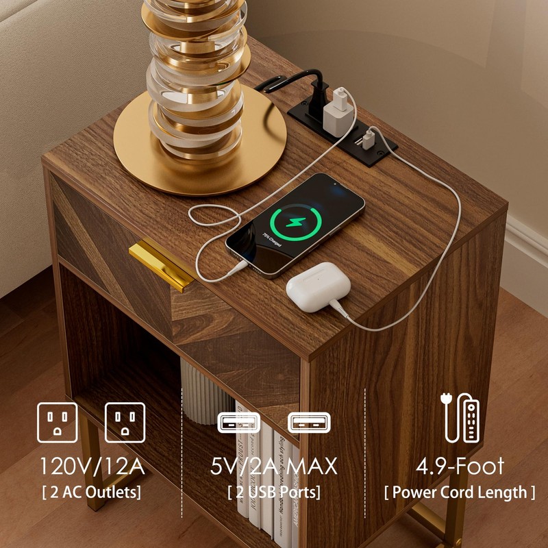 Masupu Nightstand with Charging Station,Modern Night Stand Boho Farmhouse Wood