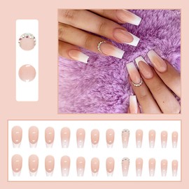 Ceboic Press on Nails Long Coffin, Pack of 24 White Gradient Shiny Artificial Nails with Rhinestones, Acrylic Fingernails Fake Nails for Women and Girls Nail Art Manicure Decoration