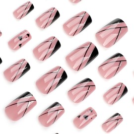 KTAABTR 24Pcs Valentines Nails Press on Nails Medium Square Nails Black Heart Fake Nails with Glue French Tip Acrylic Nails Design Valentines Stick on Nails for Women DIY Manicure Decoration