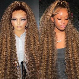 32-Inch Highlight Lace Front Wigs Human Hair 13x6 180% Density Deep Curly Ombre Honey Blonde P4/27 HD Transparent Lace Front Wig for Women Deep Wave Lace Frontal Wig Human Hair