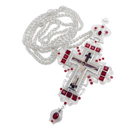Nazareth Store Silver Plated Pectoral Cross Multi Zircons Crystallized Elements Christian Priest Bishop Large Crucifix Pendant with Necklace 24" (Pectoral Cross with Red Stones)