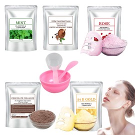 Facial Mask Powder Professionell, 5 PCS Maskenpulver, Peel-Off Maske Mit Zubehör, Maskenpulver Für Feuchtigkeit, Straffung & Beruhigung, DIY Gesichtsmaske Für Spa Und Zuhause - 5 Flavors (A)