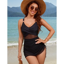 FactME Women's One Piece Swimsuit Tummy Control Bathing Suit Metal Modest Swim Dress Push Up Mesh Swim Suits 2025 (US, Alpha, Medium, Regular, Regular, Solid, Black)