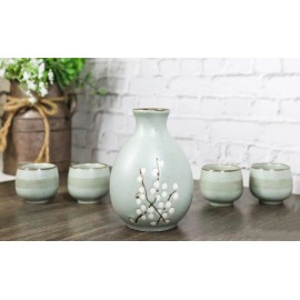 Ebros Gift Blue Plum Japanese Sakura Cherry Blossoms Porcelain Sake Flask With Cups Set