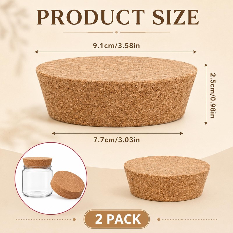 2 Pcs 3~3.5 Inch Tapered Cork Stoppers, Cork Bottle Stoppers