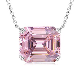 YUNKAI Sterling Silver Diamond Necklaces for Women, Emerald Cut 14x16mm 9ct Lab Simulated Pink Diamond Pendant 14K White Gold Plated Jewelry Gifts for Her Birthday Mothers Day Christmas Gift