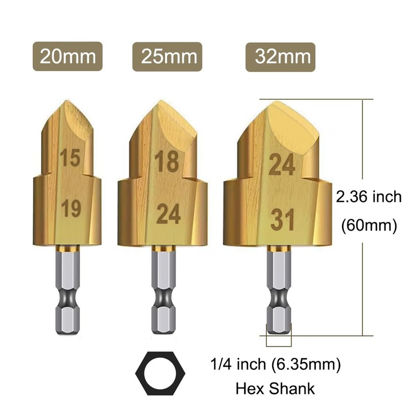 Saipor 3pcs Heavy Duty Pipe Reaming Step Drill Bit Set
