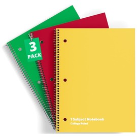 1InTheOffice Spiral Notebooks College Ruled 8.5 x 11, 3- Hole Punched College Notebook, Wired College Spiral Notebook, Assorted Colors (3 Pack)