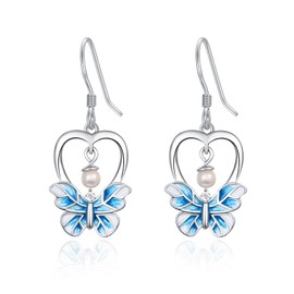 HXWZB Blue Butterfly Earrings 925 Sterling Silver Pearl Earrings Heart Earrings Sterling Silver Butterfly Earrings Jewellery Gift for Women Girls