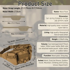 Taeku Tactical Fanny Pack, Military Waist Bag Utility Hip Pack with Adjustable Strap for Outdoors Fishing Cycling Camping Dog Walking (Khaki)