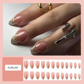 French Tip Press on Nails Short Almond Glitter Fake Nails with Gold Line Designs Summer False Nails Short Length Acrylic Artificial Glossy Full Cover Nail Tips French Tip Nails for Women Girls 24PCS