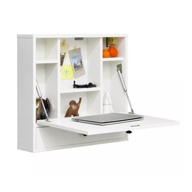 Wall Mount Floating Desk Foldable Space Saving Laptop Computer Workstation with Storage Drawer and Shelves for Small Studio Apartments, Student Dormitory, Corner Spaces (White)